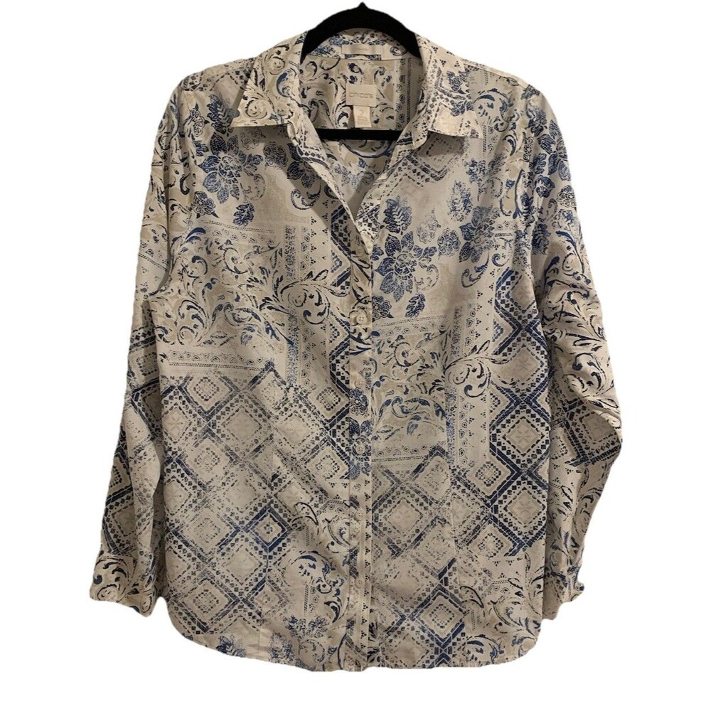 Chicos Size 2 Womens Large Top Button Front No Iron Long Sleeve 100% Cotton